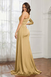 One Shoulder Satin Formal Evening Dresses with Long Sleeves Ruched Prom Party Dress Gowns