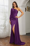 One Shoulder Satin Formal Evening Dresses with Long Sleeves Ruched Prom Party Dress Gowns