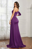 One Shoulder Satin Formal Evening Dresses with Long Sleeves Ruched Prom Party Dress Gowns
