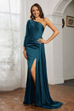 One Shoulder Satin Formal Evening Dresses with Long Sleeves Ruched Prom Party Dress Gowns