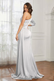 One Shoulder Satin Formal Evening Dresses with Long Sleeves Ruched Prom Party Dress Gowns