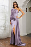 One Shoulder Satin Formal Evening Dresses with Long Sleeves Ruched Prom Party Dress Gowns