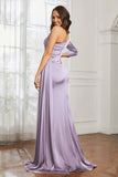 One Shoulder Satin Formal Evening Dresses with Long Sleeves Ruched Prom Party Dress Gowns