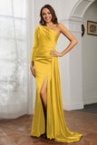 One Shoulder Satin Formal Evening Dresses with Long Sleeves Ruched Prom Party Dress Gowns