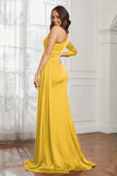 One Shoulder Satin Formal Evening Dresses with Long Sleeves Ruched Prom Party Dress Gowns