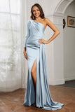 One Shoulder Satin Formal Evening Dresses with Long Sleeves Ruched Prom Party Dress Gowns