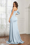 One Shoulder Satin Formal Evening Dresses with Long Sleeves Ruched Prom Party Dress Gowns