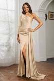 One Shoulder Satin Formal Evening Dresses with Long Sleeves Ruched Prom Party Dress Gowns