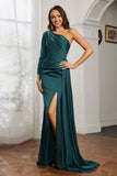 One Shoulder Satin Formal Evening Dresses with Long Sleeves Ruched Prom Party Dress Gowns