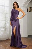 One Shoulder Satin Formal Evening Dresses with Long Sleeves Ruched Prom Party Dress Gowns