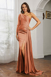 One Shoulder Satin Formal Evening Dresses with Long Sleeves Ruched Prom Party Dress Gowns
