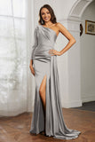 One Shoulder Satin Formal Evening Dresses with Long Sleeves Ruched Prom Party Dress Gowns