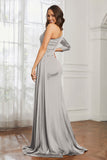 One Shoulder Satin Formal Evening Dresses with Long Sleeves Ruched Prom Party Dress Gowns