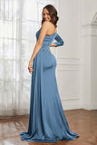 One Shoulder Satin Formal Evening Dresses with Long Sleeves Ruched Prom Party Dress Gowns