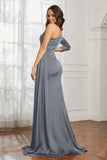One Shoulder Satin Formal Evening Dresses with Long Sleeves Ruched Prom Party Dress Gowns