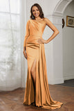 One Shoulder Satin Formal Evening Dresses with Long Sleeves Ruched Prom Party Dress Gowns
