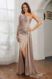 One Shoulder Satin Formal Evening Dresses with Long Sleeves Ruched Prom Party Dress Gowns