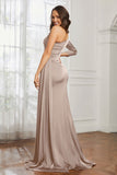 One Shoulder Satin Formal Evening Dresses with Long Sleeves Ruched Prom Party Dress Gowns