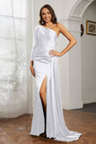 One Shoulder Satin Formal Evening Dresses with Long Sleeves Ruched Prom Party Dress Gowns