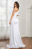 One Shoulder Satin Formal Evening Dresses with Long Sleeves Ruched Prom Party Dress Gowns