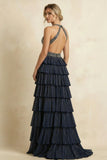 Navy Blue - A-Line Halter Satin Beaded Long Prom Dresses With Ruffles