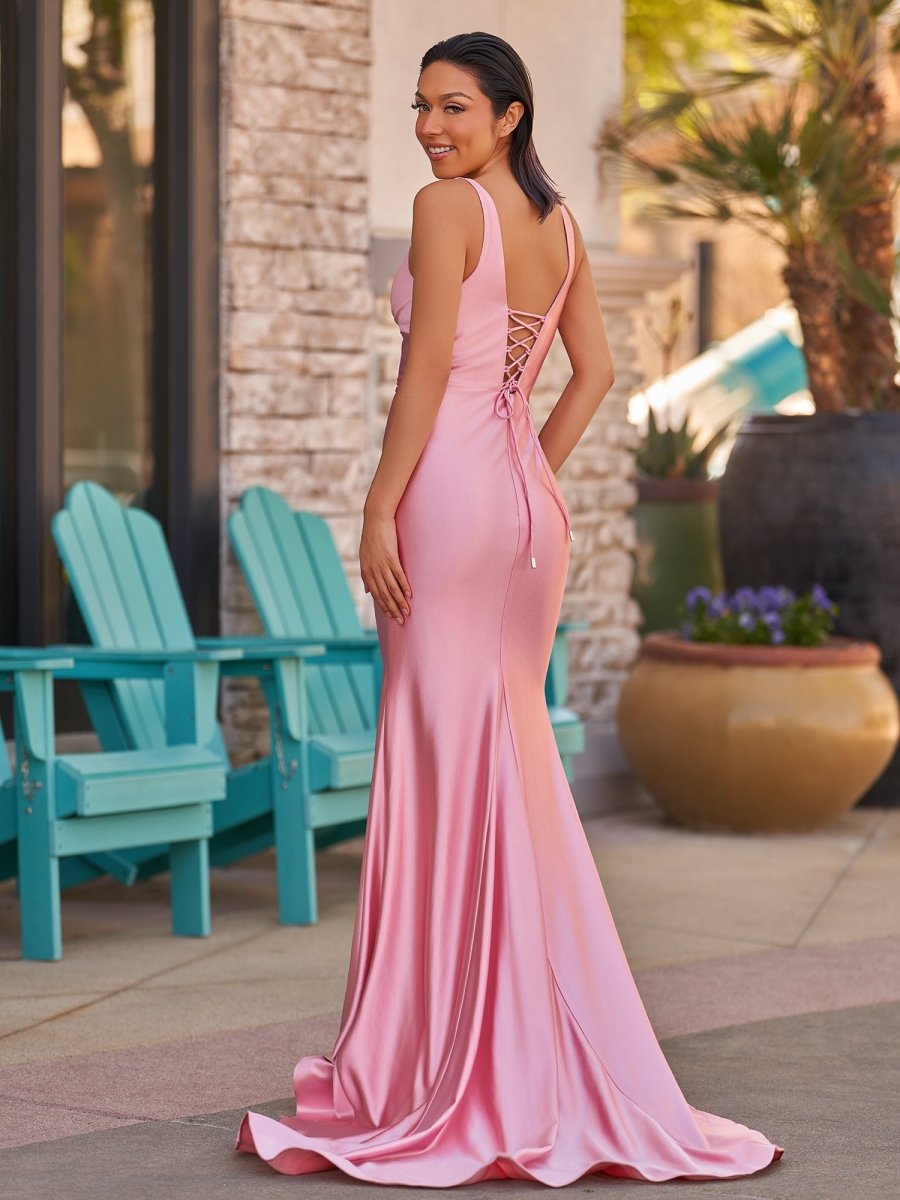 Pink V Neck Satin Mermaid Sleeveless Long Prom Dress
