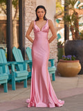 Pink V Neck Satin Mermaid Sleeveless Long Prom Dress
