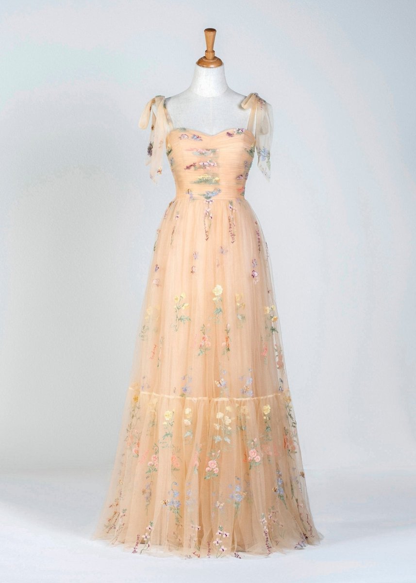 Spaghetti Straps Neck Floor Length Tulle Embroidery Floral Prom Dress