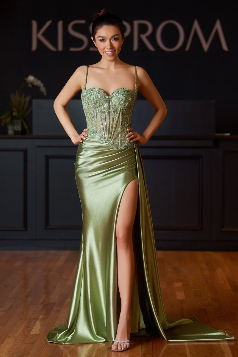 Silver Spaghetti Straps Mermaid Appliqued Prom Dress With Split