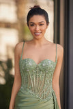 Silver Spaghetti Straps Mermaid Appliqued Prom Dress With Split