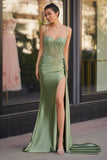 Silver Spaghetti Straps Mermaid Appliqued Prom Dress With Split
