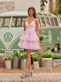 A-Line Deep V Neck Tiered Short Homecoming Dress