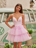 A-Line Deep V Neck Tiered Short Homecoming Dress