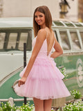 A-Line Deep V Neck Tiered Short Homecoming Dress