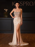 Strapless Mermaid Long Sequins Prom Dress With Split