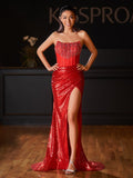 Strapless Mermaid Long Sequins Prom Dress With Split