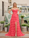 Chiffon Fuchsia Sweetheart Tiered Ruffles Prom Dress with Slit