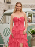 Chiffon Fuchsia Sweetheart Tiered Ruffles Prom Dress with Slit