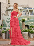 Chiffon Fuchsia Sweetheart Tiered Ruffles Prom Dress with Slit