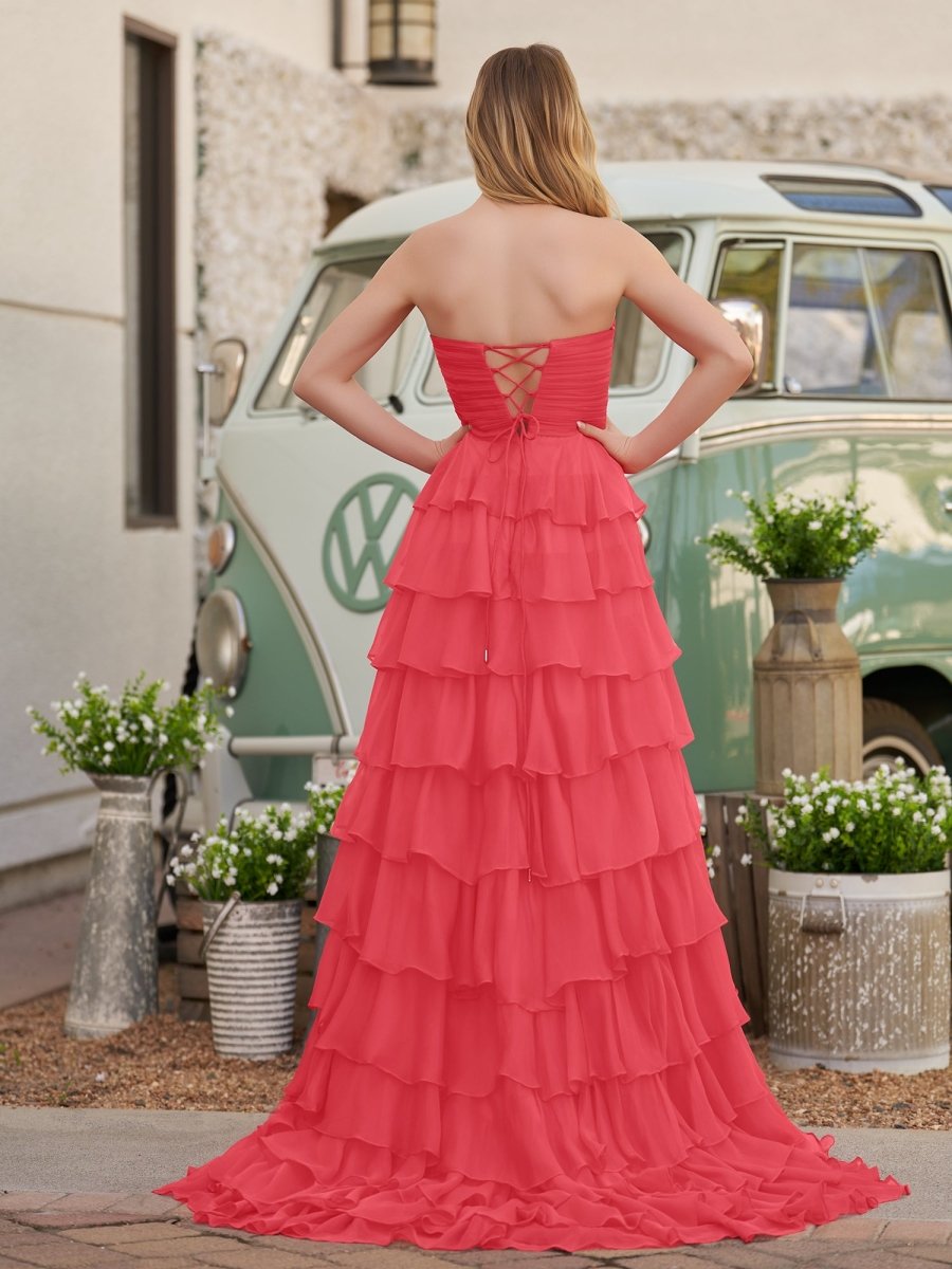 Chiffon Fuchsia Sweetheart Tiered Ruffles Prom Dress with Slit