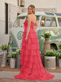 Chiffon Fuchsia Sweetheart Tiered Ruffles Prom Dress with Slit