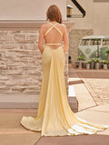 Yellow Mermaid Halter Satin Prom Dresses With Tail Evening Dress
