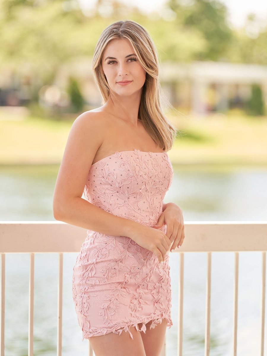 Pink Tight Short Lace Homecoming Dress with Appliques