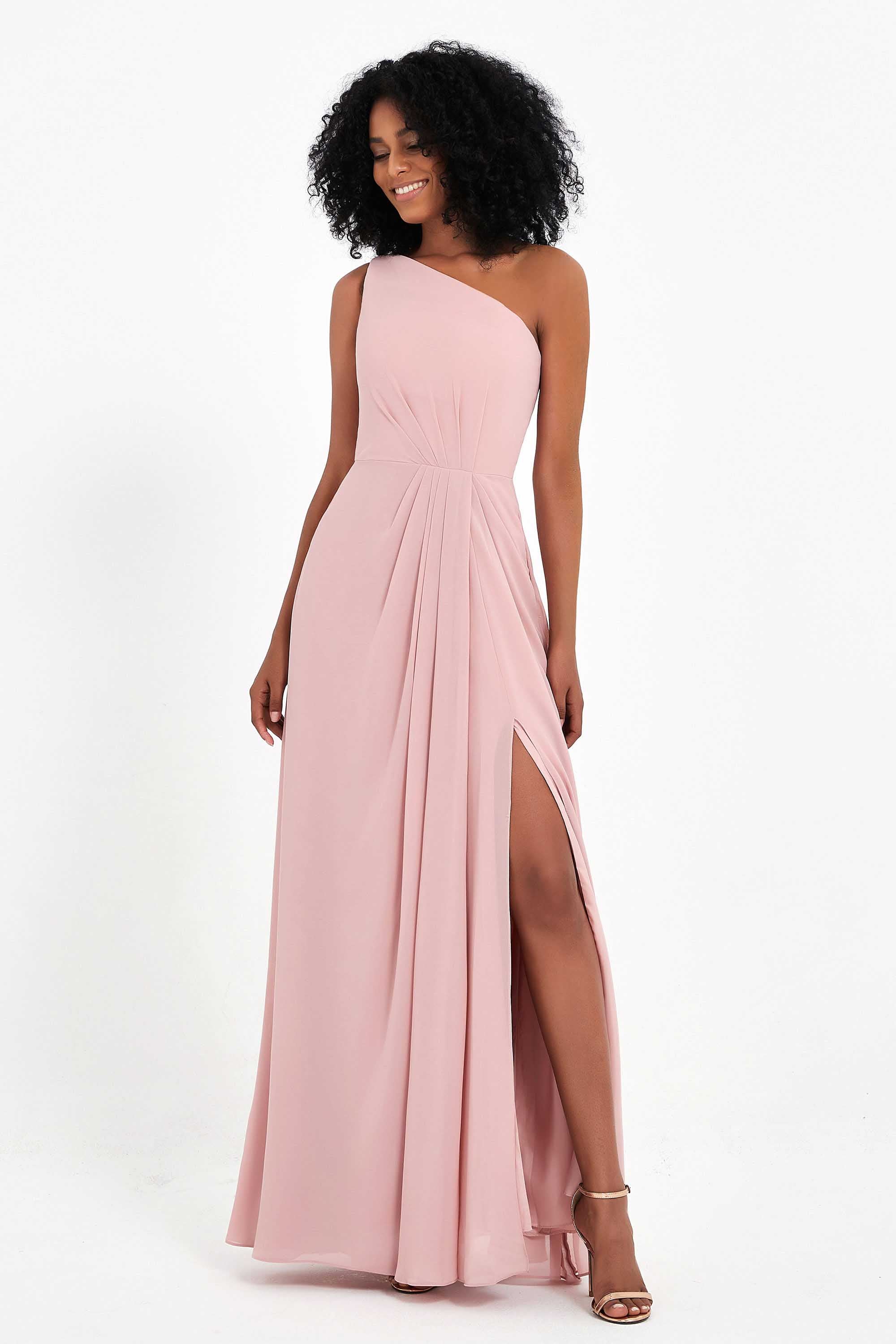 One Shoulder Zipper Chiffon Bridesmaid Dresses with Slit Long Formal Evening Dress Gowns