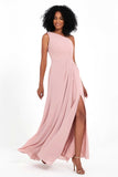 One Shoulder Zipper Chiffon Bridesmaid Dresses with Slit Long Formal Evening Dress Gowns