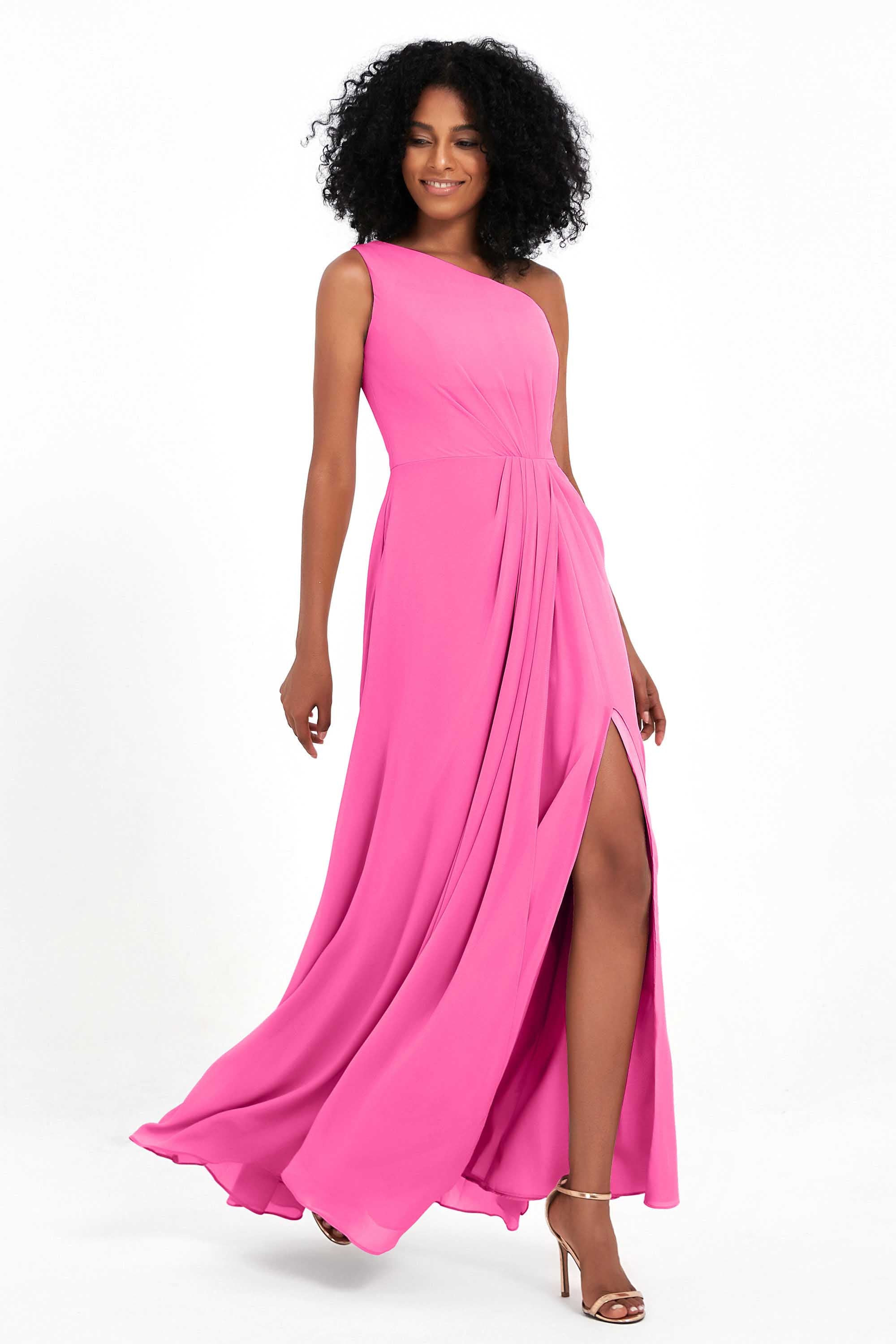One Shoulder Zipper Chiffon Bridesmaid Dresses with Slit Long Formal Evening Dress Gowns