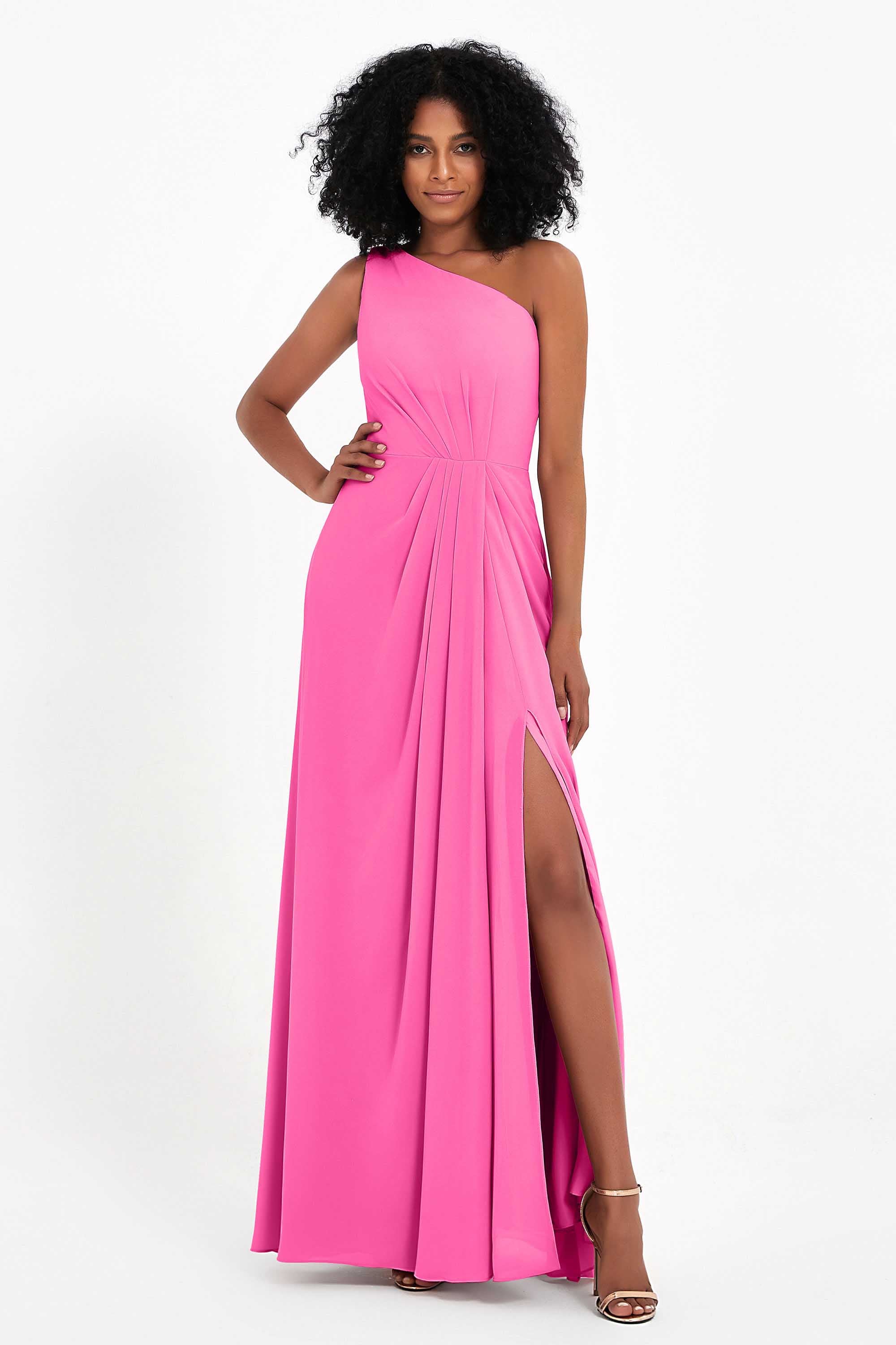 One Shoulder Zipper Chiffon Bridesmaid Dresses with Slit Long Formal Evening Dress Gowns