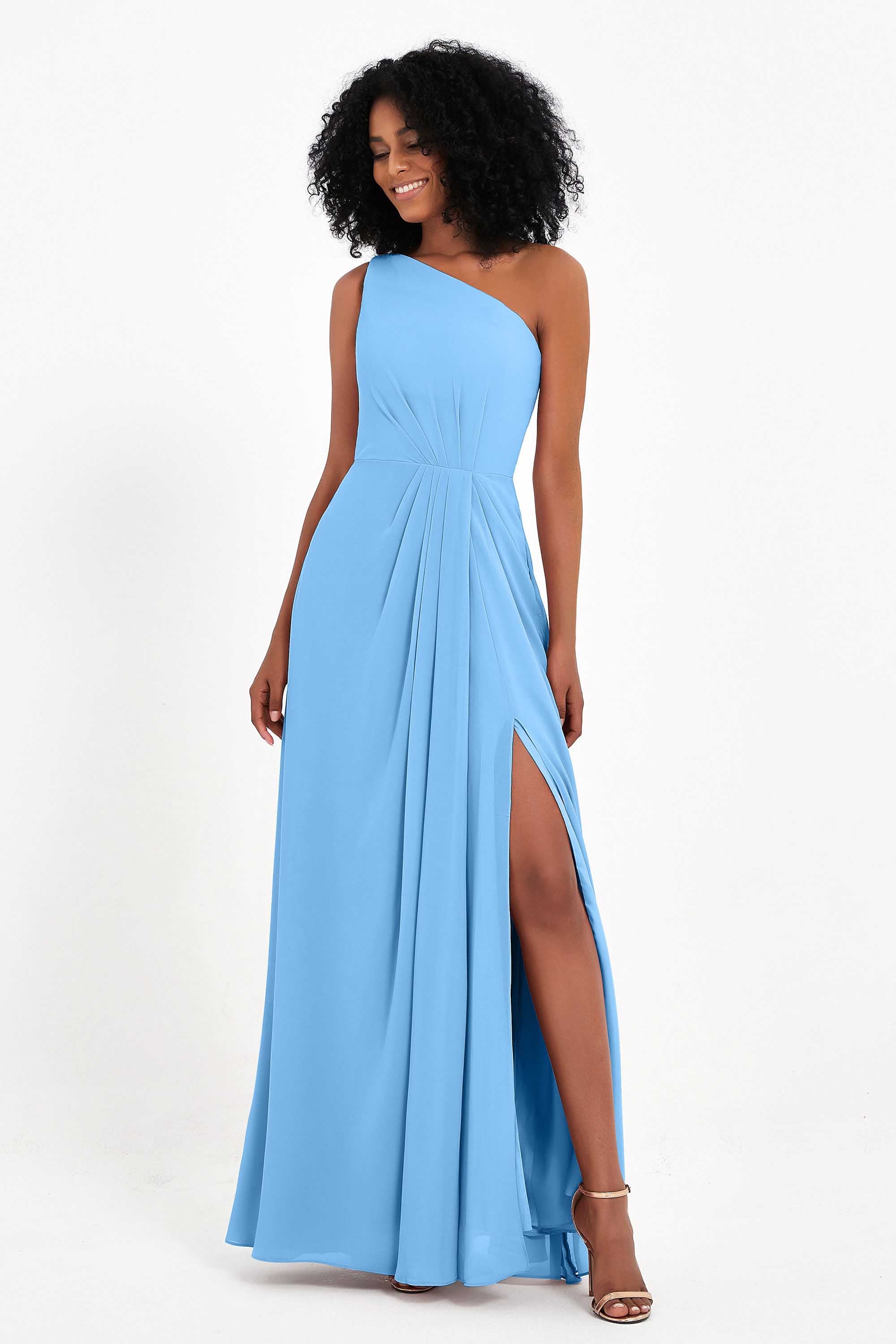 One Shoulder Zipper Chiffon Bridesmaid Dresses with Slit Long Formal Evening Dress Gowns