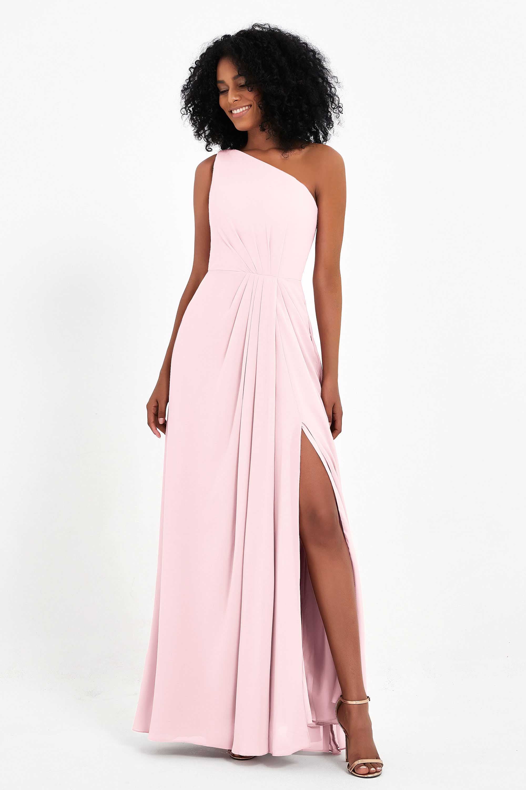 One Shoulder Zipper Chiffon Bridesmaid Dresses with Slit Long Formal Evening Dress Gowns