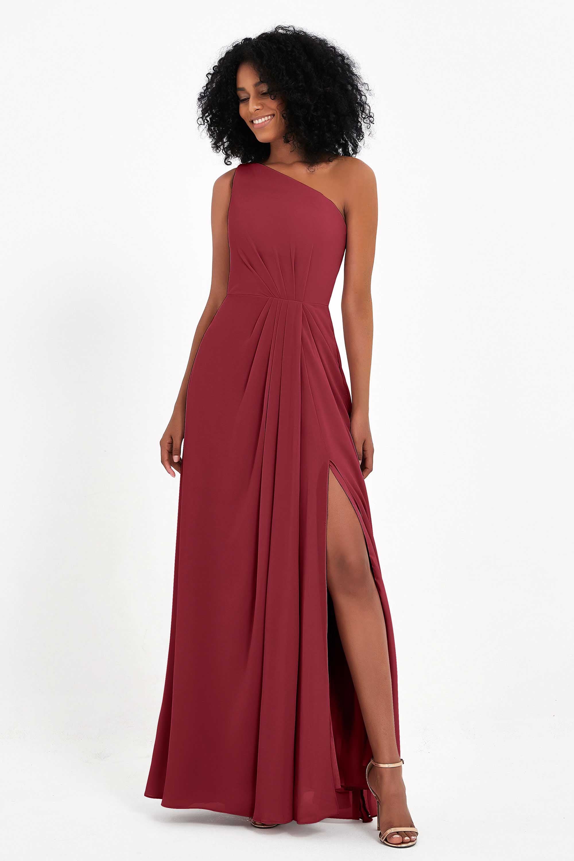 One Shoulder Zipper Chiffon Bridesmaid Dresses with Slit Long Formal Evening Dress Gowns